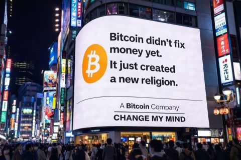 Billboard reading Bitcoin did not fix money yet, it just created a new religion