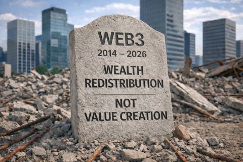 Gravestone reading Web3 2014 to 2026 wealth redistribution not value creation