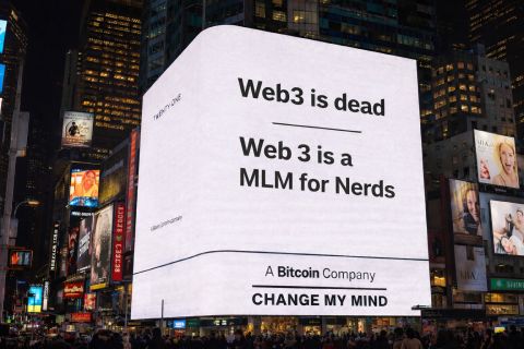 Billboard reading Web3 is dead and Web 3 is a MLM for Nerds