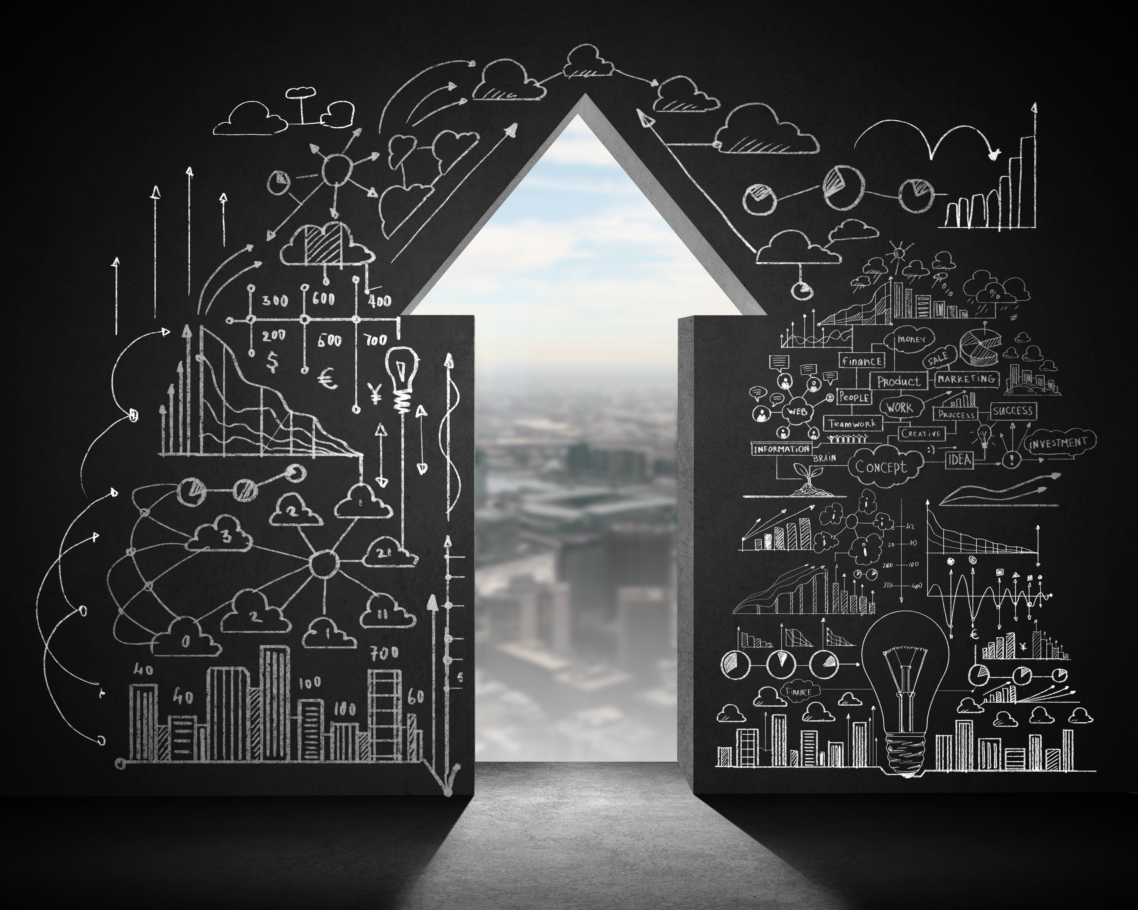 Blackboard strategy doorway with diagrams representing Crays technology coordination