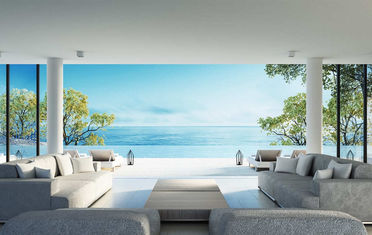 Luxury coastal living room and real estate view